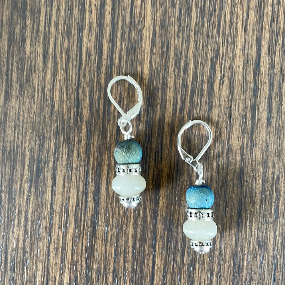 HAND CRAFTED EARRINGS White Calcite Rondelles Blue Matte Quartz Silver